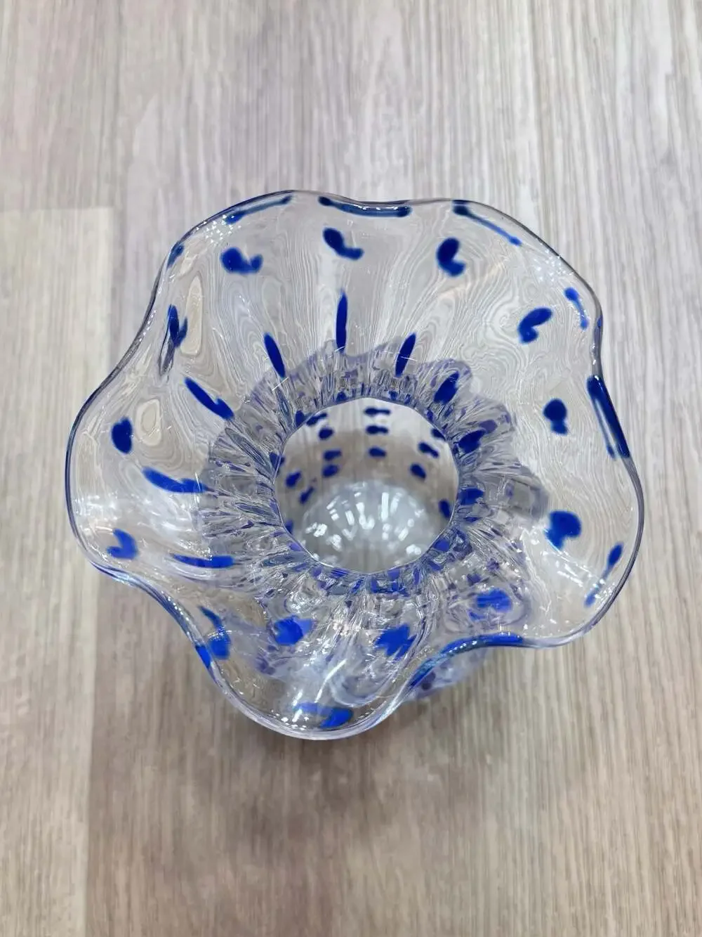 Hand Blown Clear Glass Vase with Cobalt Blue Polka Dots and Ruffled Rim
